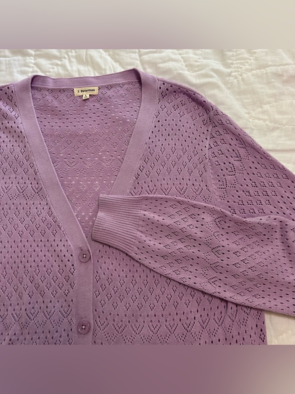 J. Peterman Pointelle Knit Cardigan Womens L Purple Cottage Lightweight Fairy